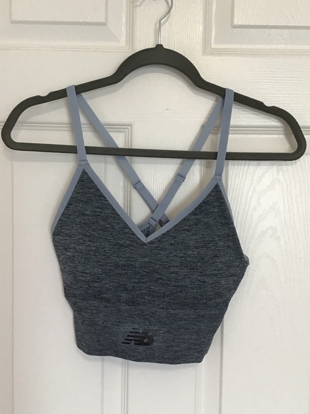 New Balance Heather Charcoal Strappy Sports Bralette with Light Blue Trim Size L
